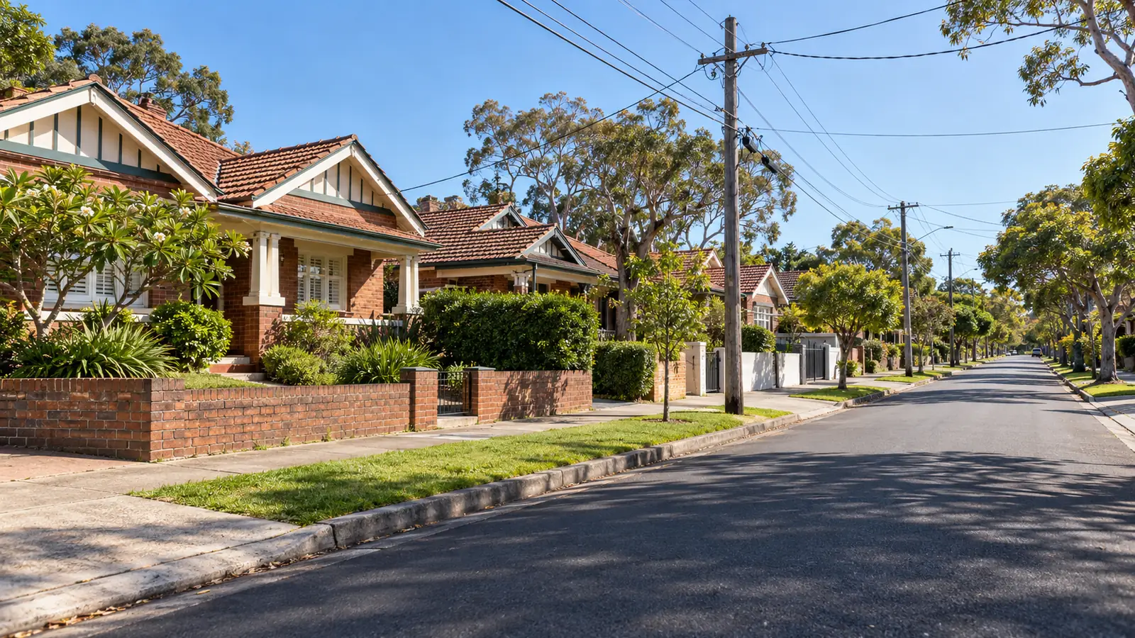 St George street of Federation bungalows beneath timber power poles