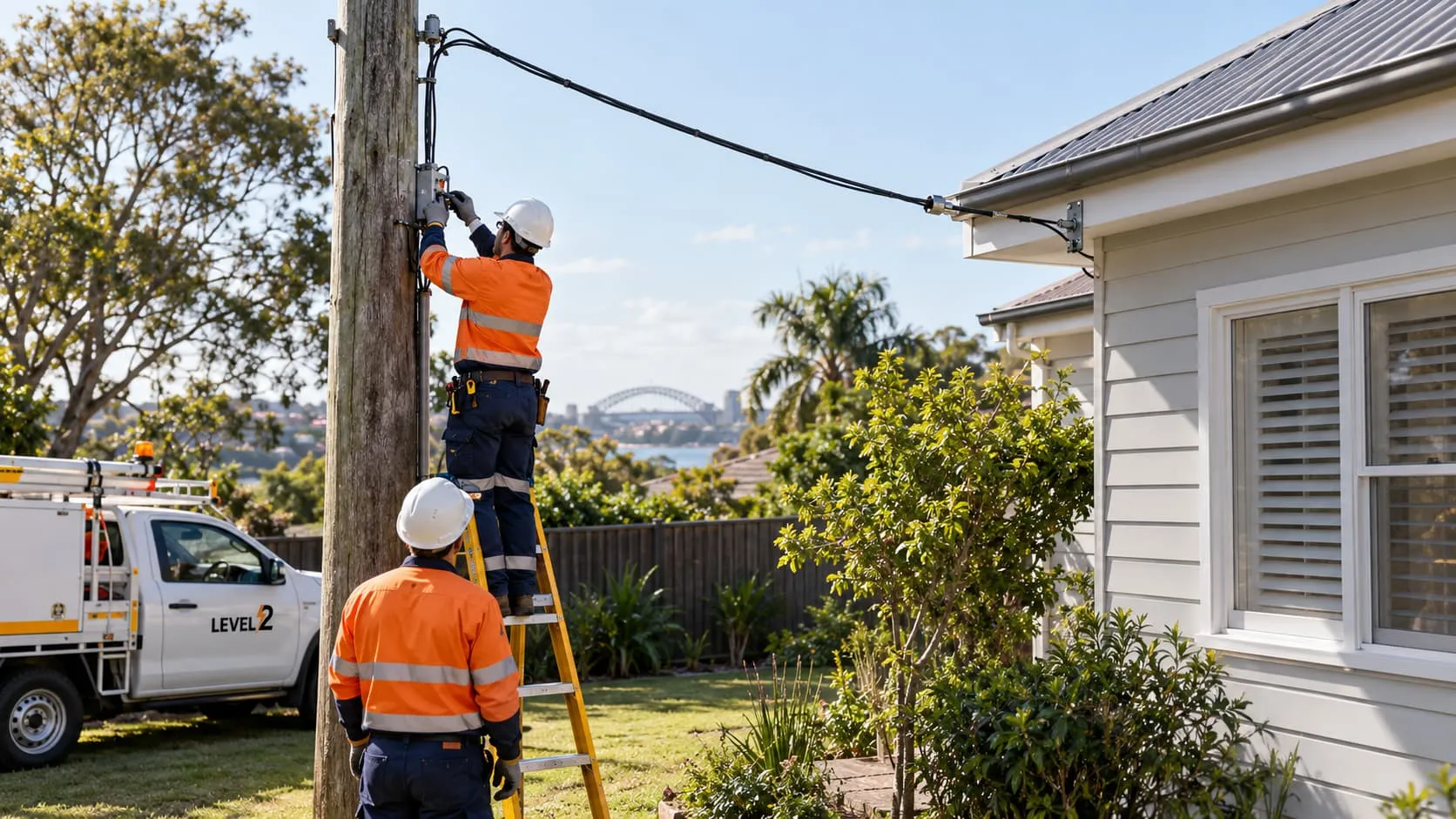 Level 2 electricians working on a private power pole supplying a Sydney home