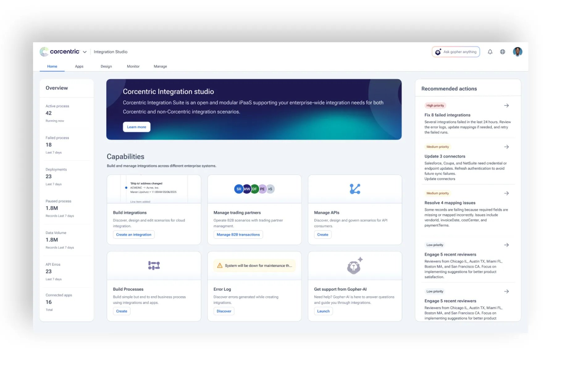 Integration Studio with the Ask Gopher assistant button, on the 3M purchase orders flow