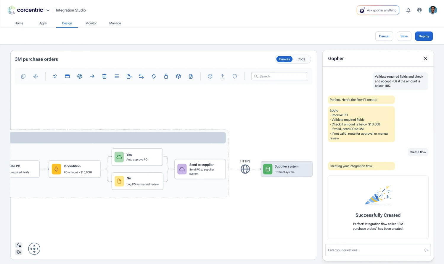Integration Studio on the 3M purchase orders flow, with the Gopher assistant building an integration from a typed request
