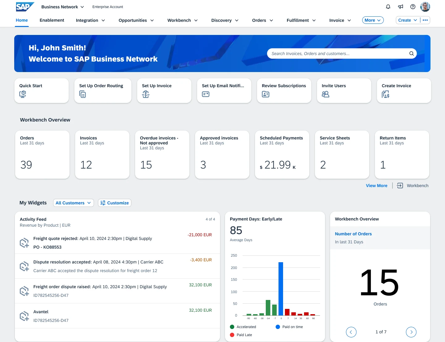 SAP Business Network home page with the welcome banner, quick actions and workbench overview