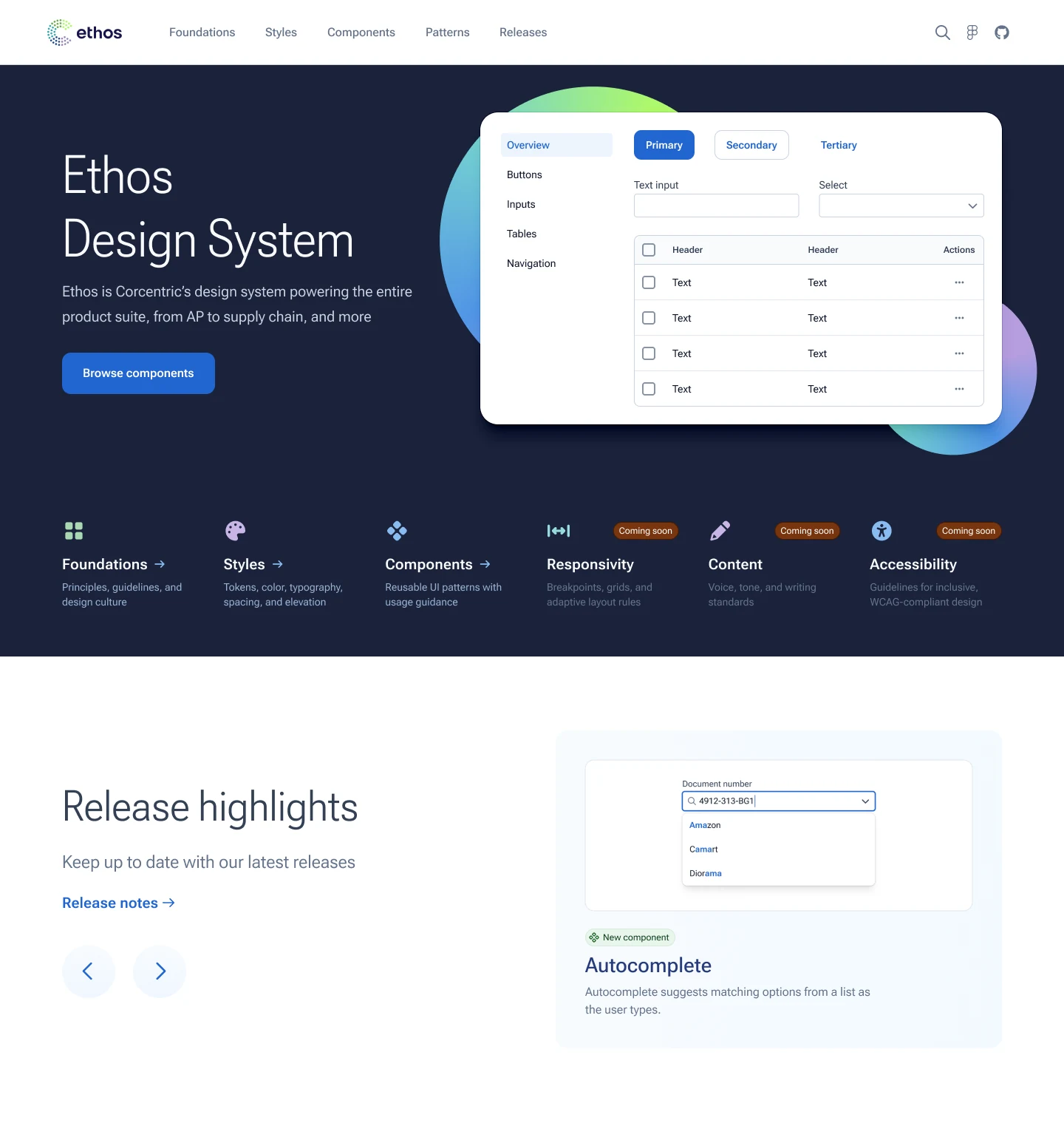 Ethos Design System home page with the component overview and release highlights