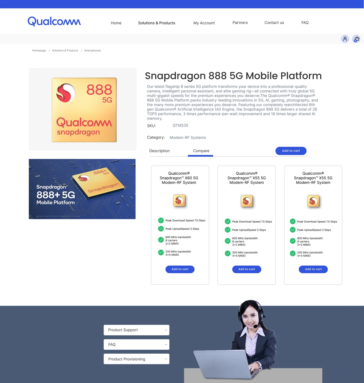 Qualcomm Cloud Marketplace product page for the Snapdragon 888 5G Mobile Platform with a compare tab