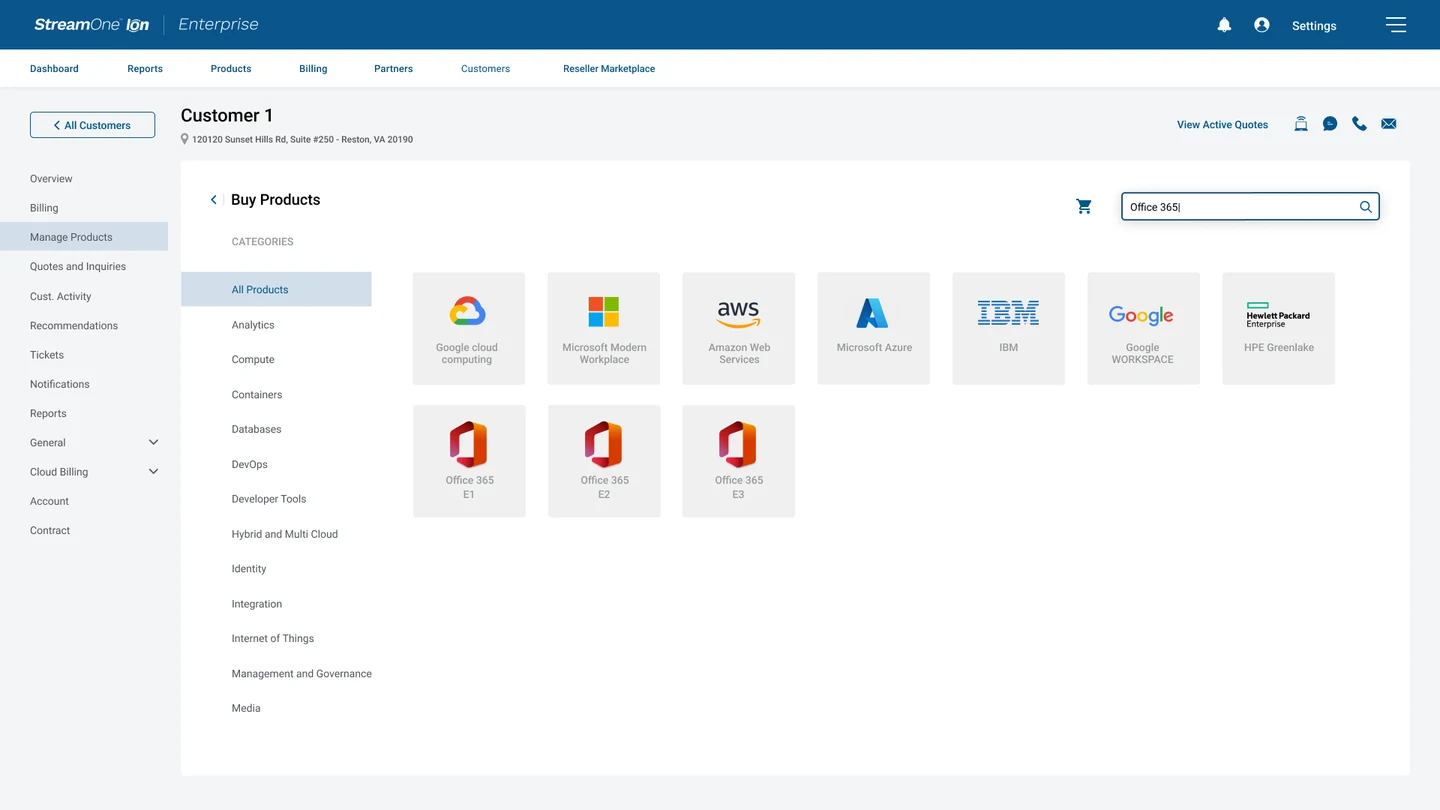 Orbitera cloud commerce platform, the Buy Products catalogue listing cloud vendors and Office 365 plans