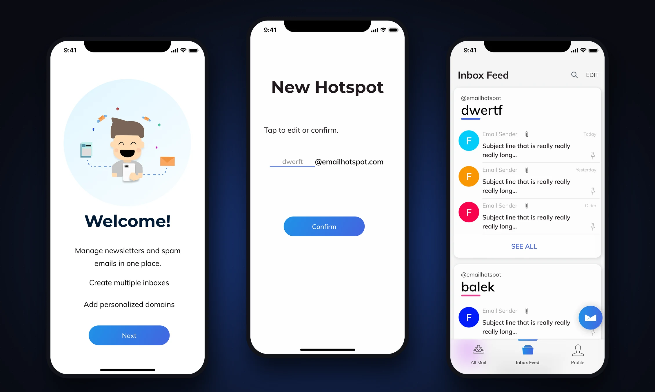 Email Hotspot onboarding: the welcome screen, creating a new hotspot address, and the inbox feed