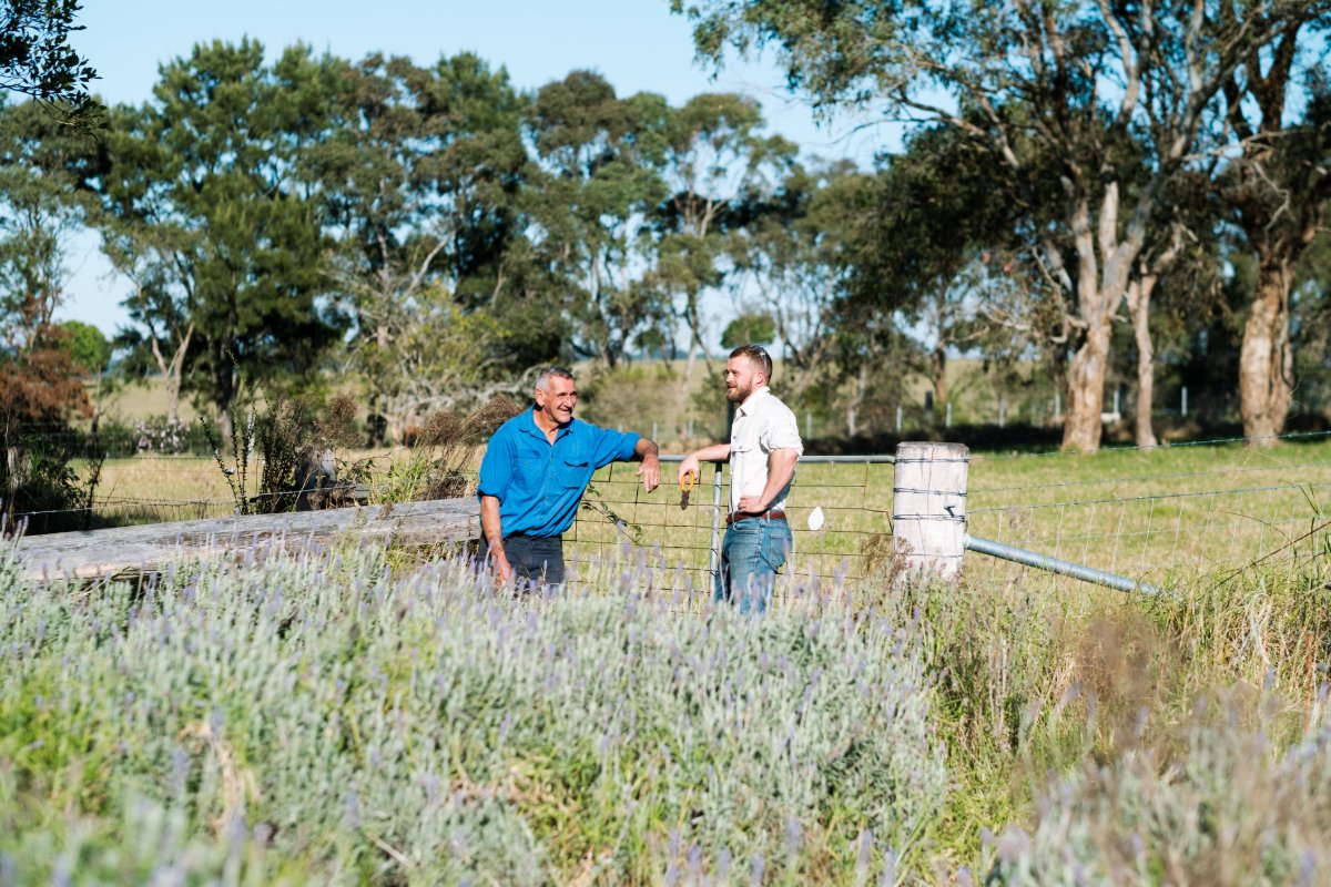 Two men talking at a farm fence beside a crop