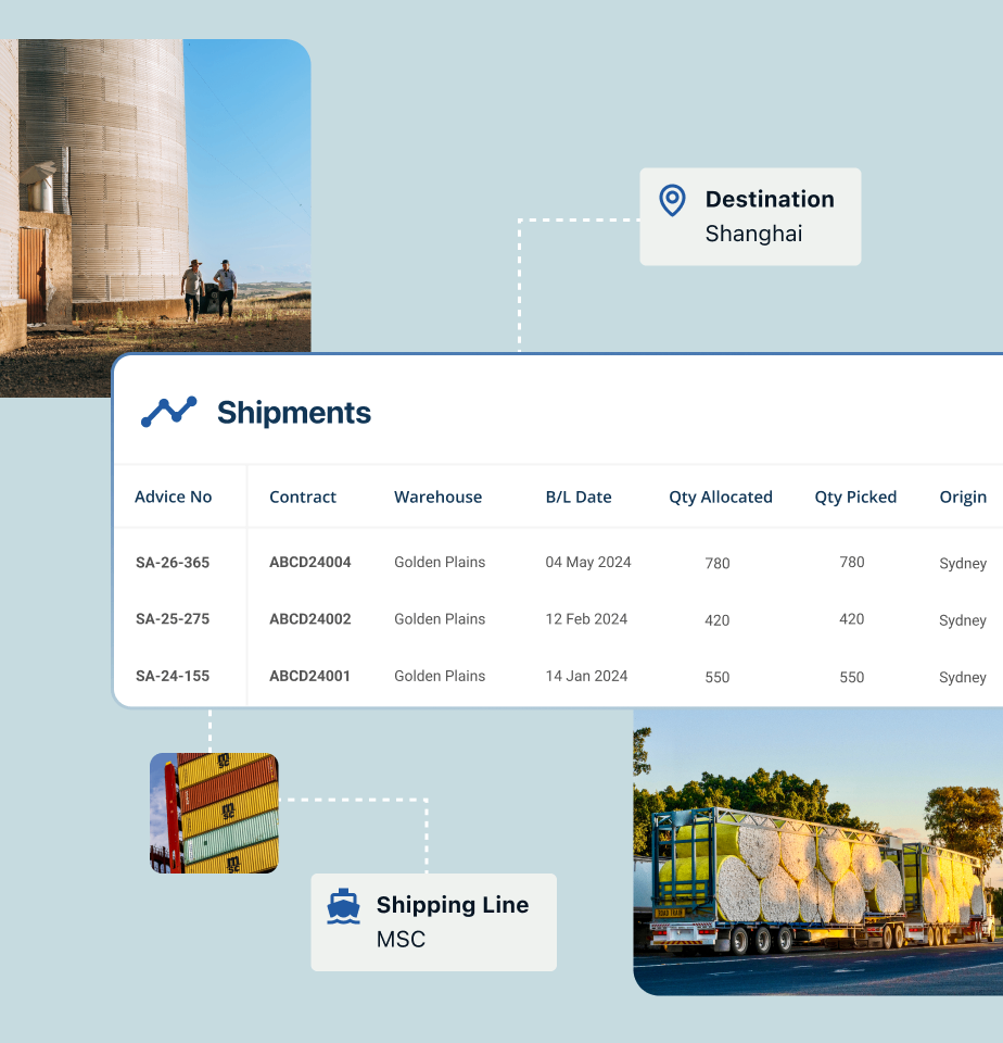 Croperation shipments screen showing advice numbers, contracts, warehouse and quantities, with two people walking past grain silos and a truck loaded with cotton modules