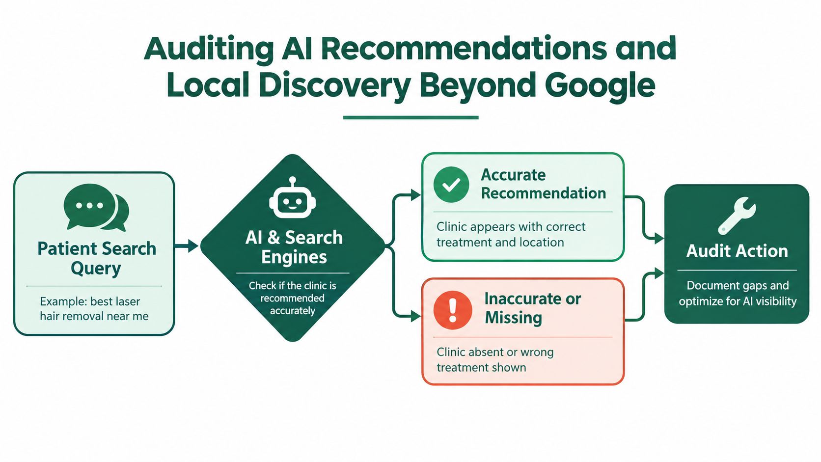 A flowchart showing the process of auditing AI search engine recommendations for medical clinics and local discovery.