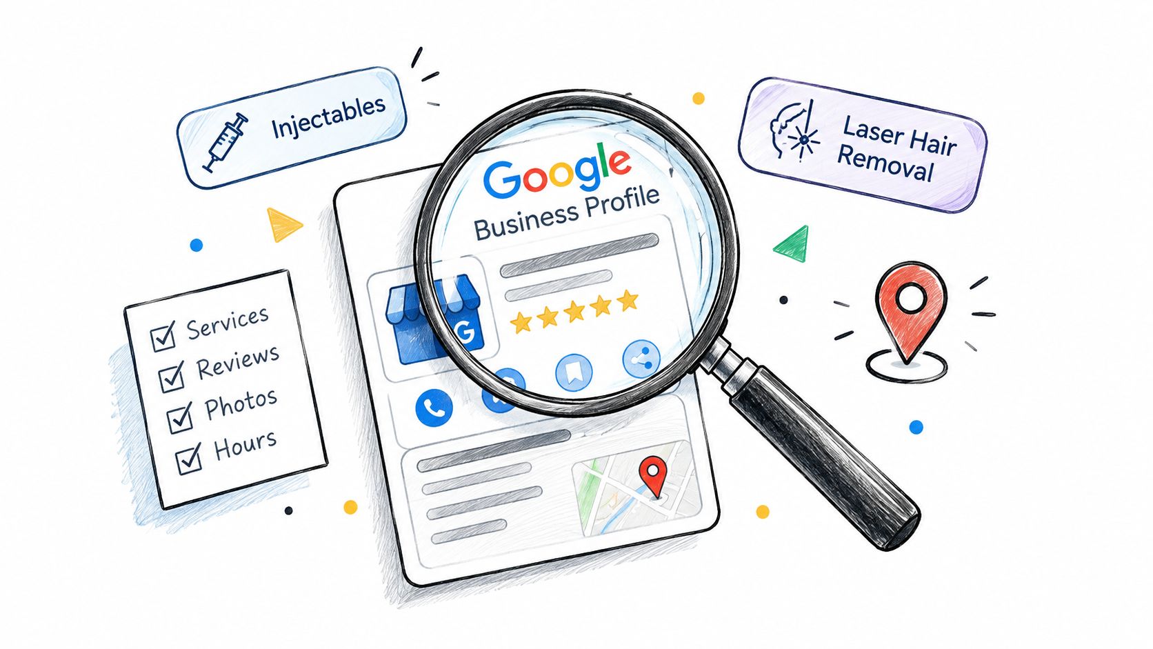 An artistic illustration featuring a magnifying glass focusing on a Google Business Profile listing for local SEO.