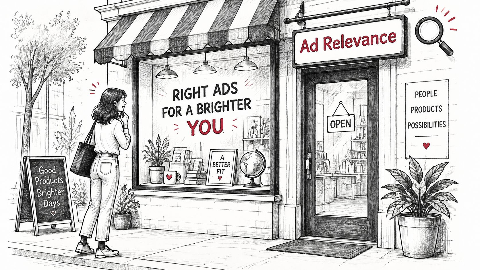 An artistic sketch of a store front representing Google Ads quality score with welcoming marketing themes.