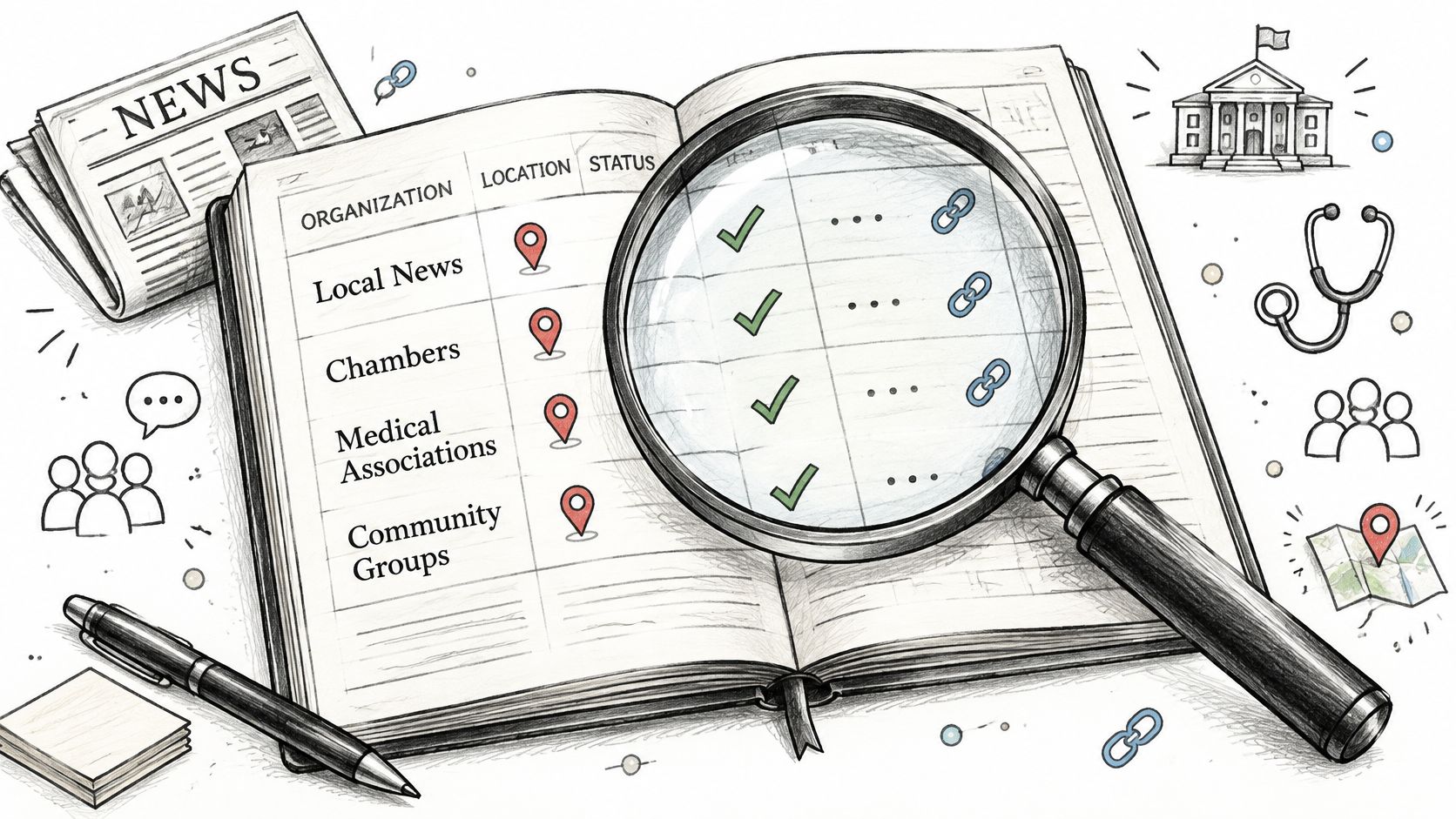 A magnifying glass inspecting a notebook with categories like local news, chambers, medical associations, and community groups.