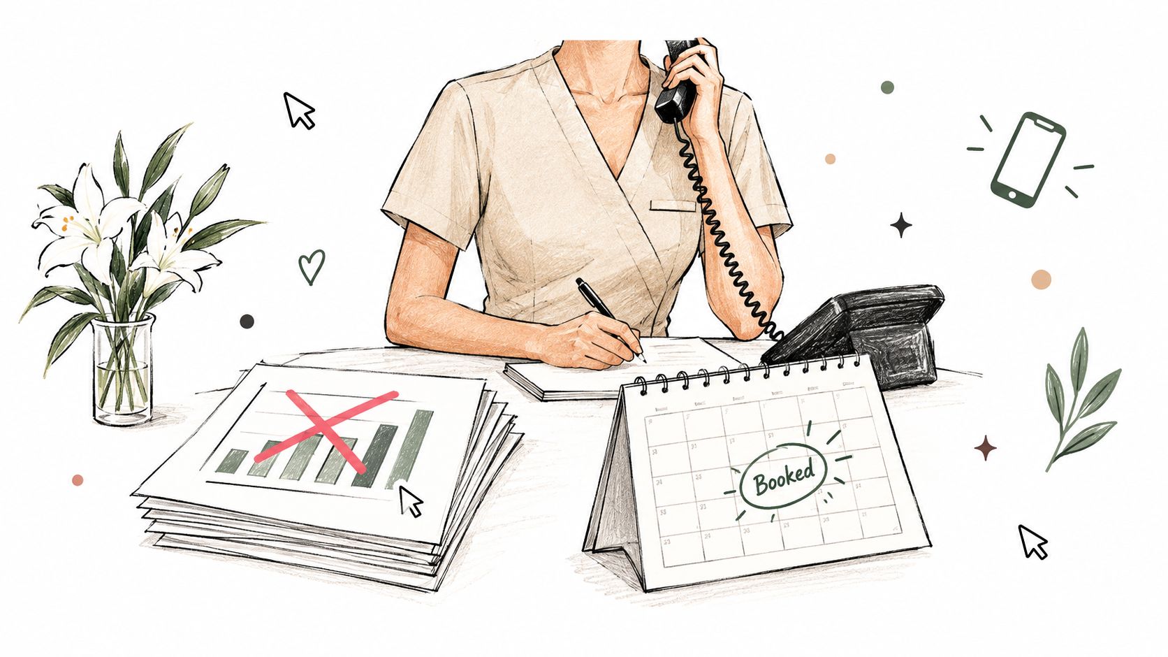 A hand-drawn illustration of a medical receptionist taking a call at a desk with a calendar.