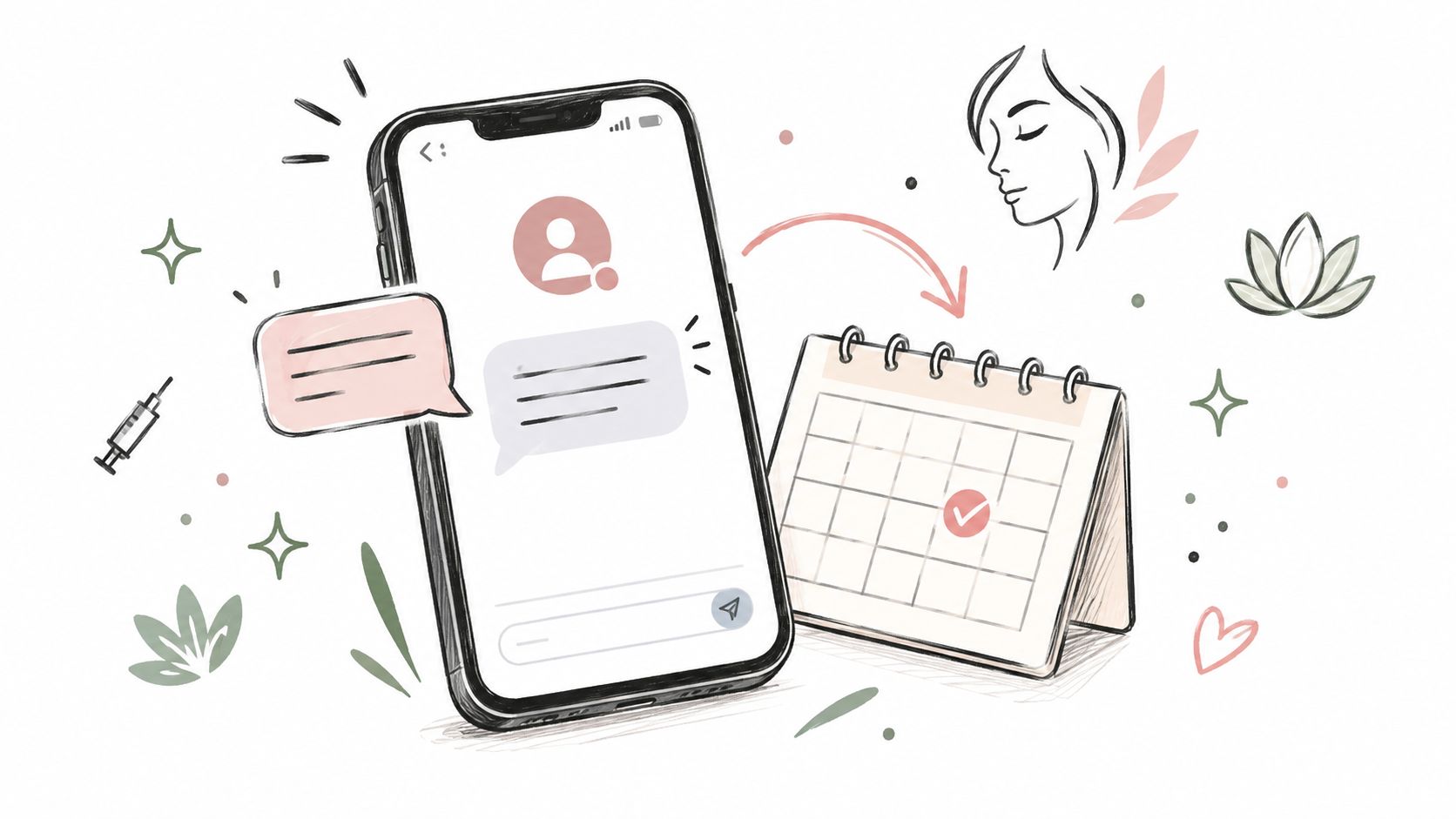 A digital illustration showing a smartphone with messaging app features alongside a calendar and beauty elements.