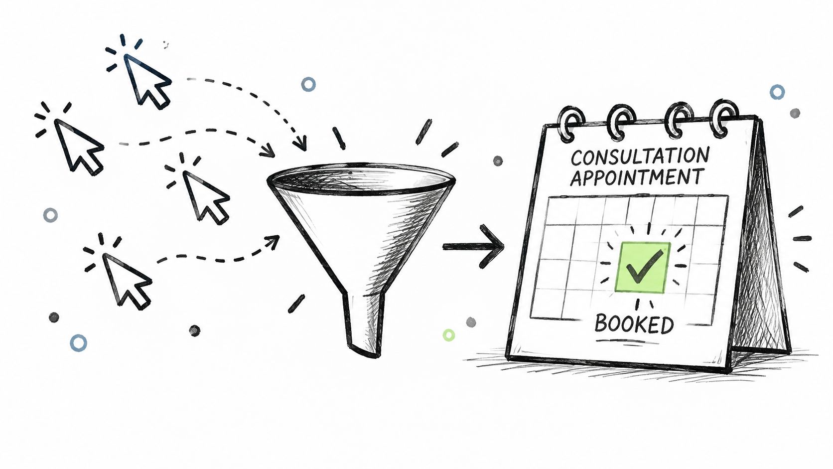 A hand-drawn illustration showing mouse cursors entering a funnel, leading to a booked consultation appointment calendar.