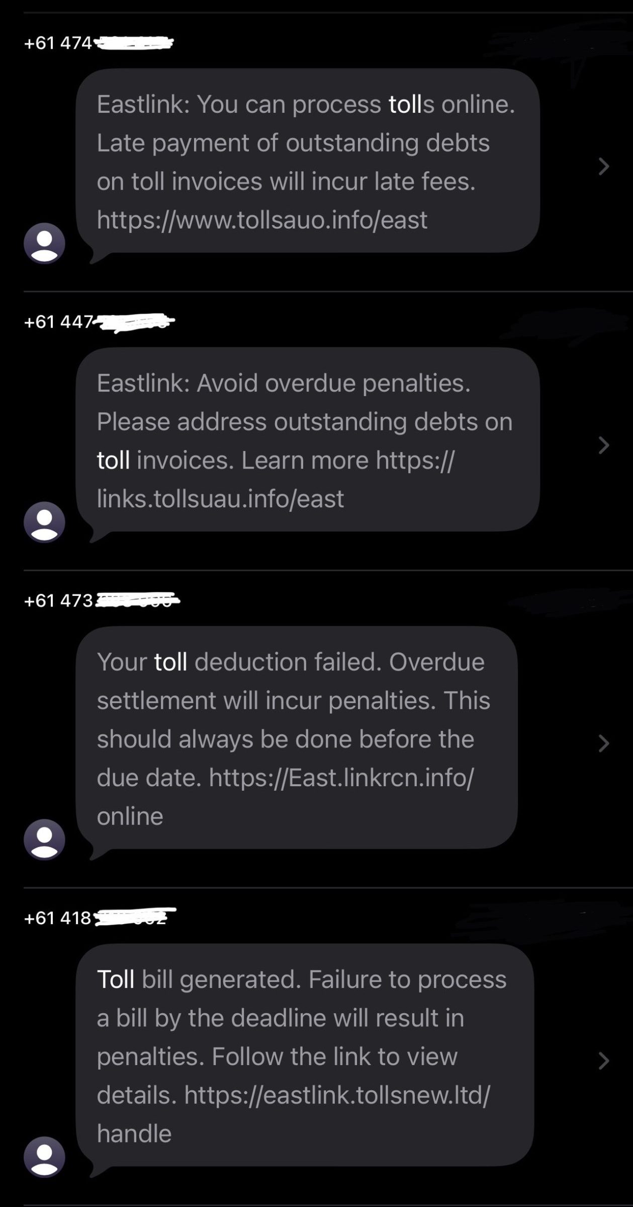 Scam messages claiming to be from a toll provider