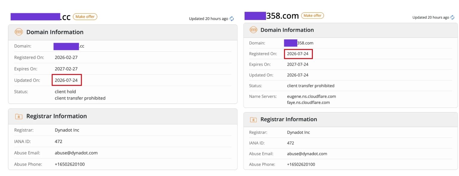 (The support domain was updated on the same day the impersonating domain was registered, with both using the same registrar.)