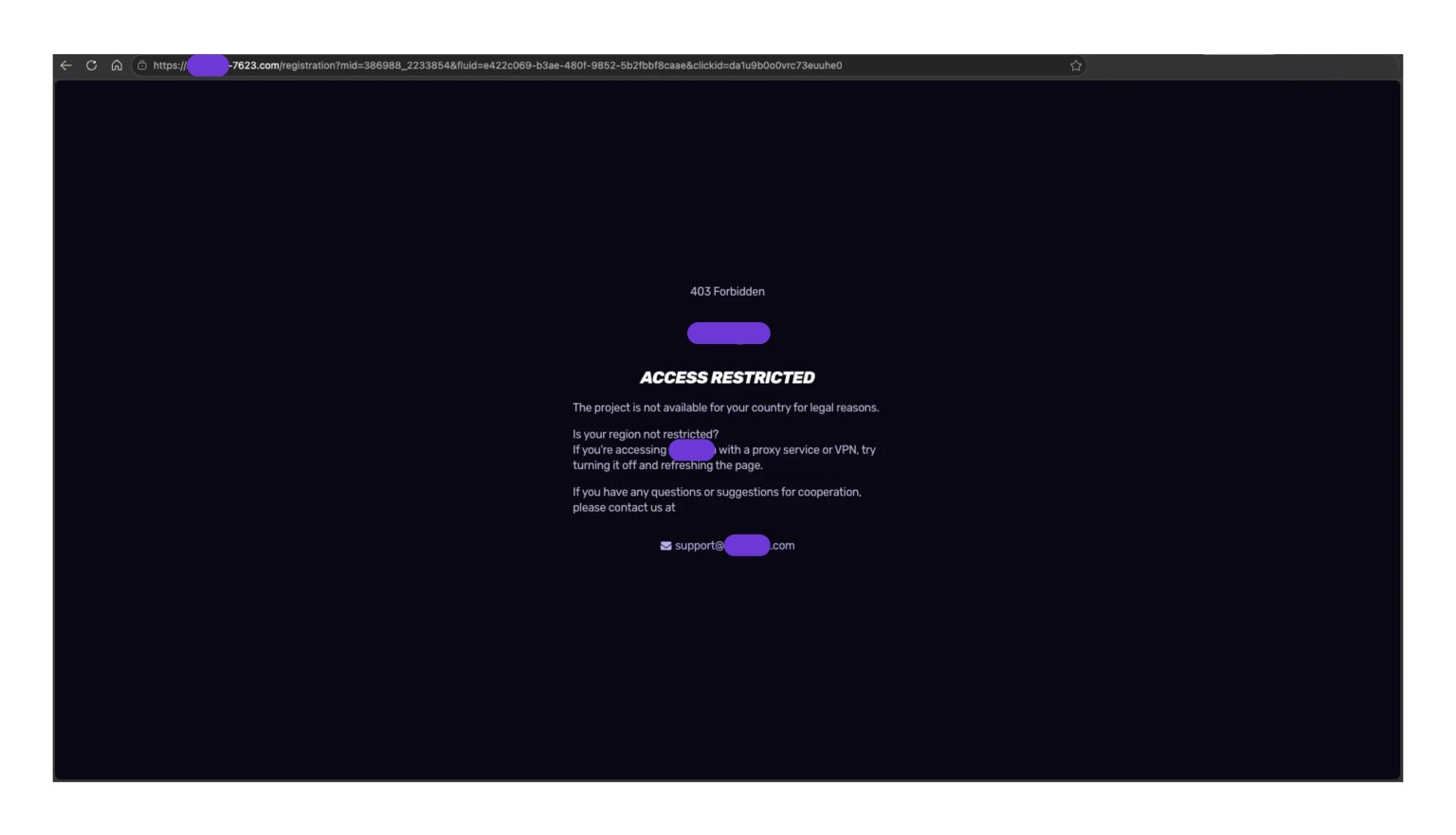 One of the third-party gambling websites reached after clicking through the impersonating site, displaying an “Access Restricted” message for Australian visitors
