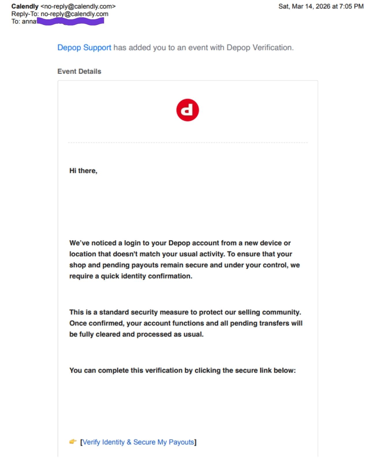 Fake Depop “account verification” email sent via Calendly, prompting identity confirmation