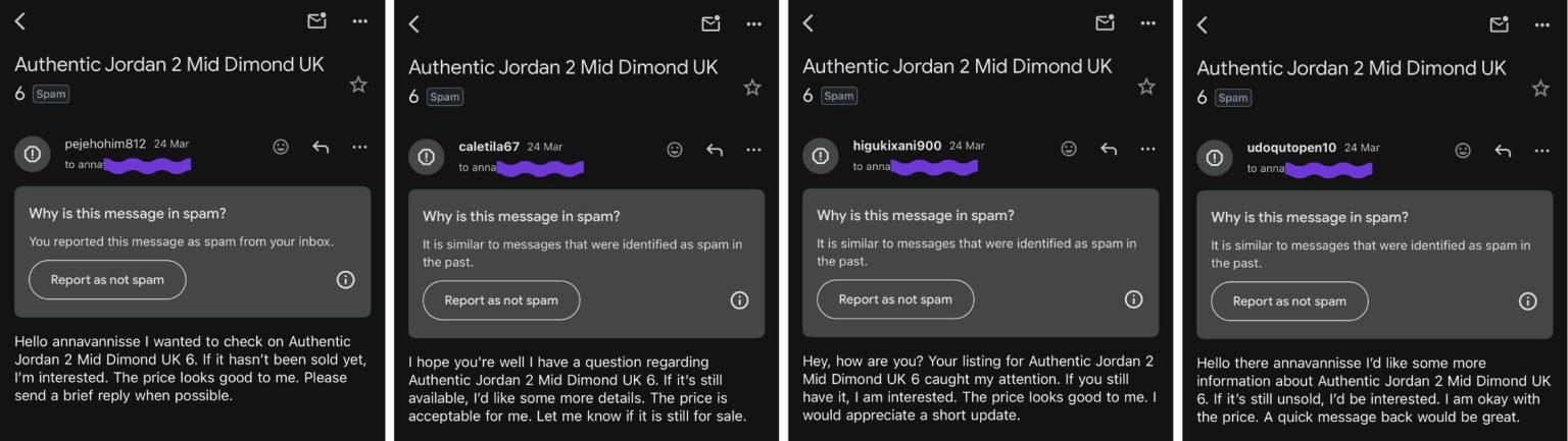 Emails referencing the exact listing title, received from multiple senders within minutes of posting