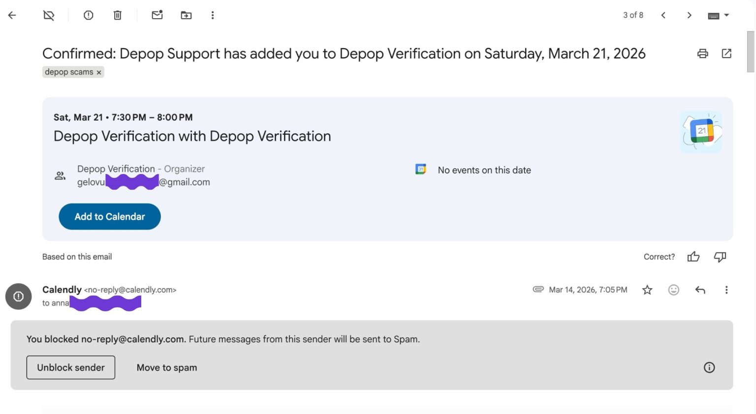 Fake “Depop verification” invite sent via Calendly, with a generic Gmail organiser