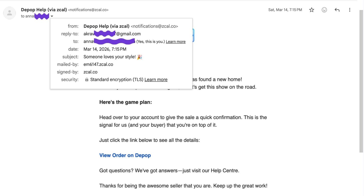 “Depop Help” email sent via zcal, with sender details revealing an unrelated Gmail reply-to address