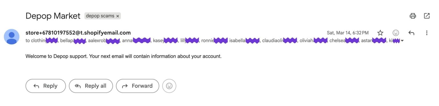 Impersonated “Depop support” email sent from an unrelated domain to multiple recipients