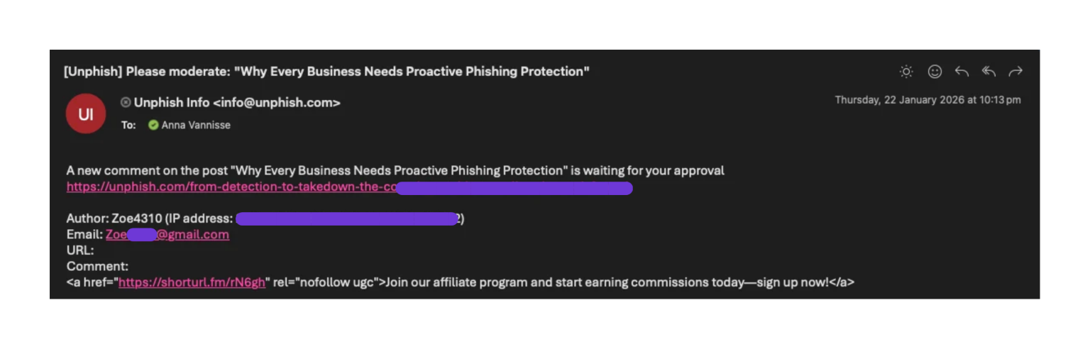 Example of Affiliate-focused spam and a shortened outbound link