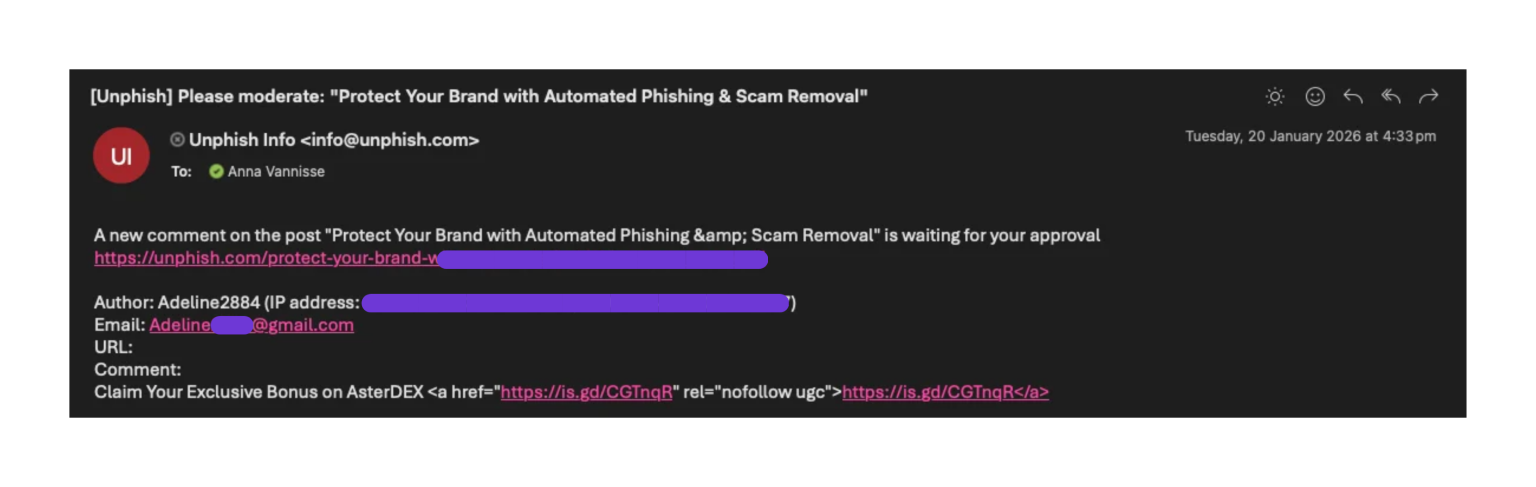 (Example of unrelated cryptocurrency-themed promotional spam)