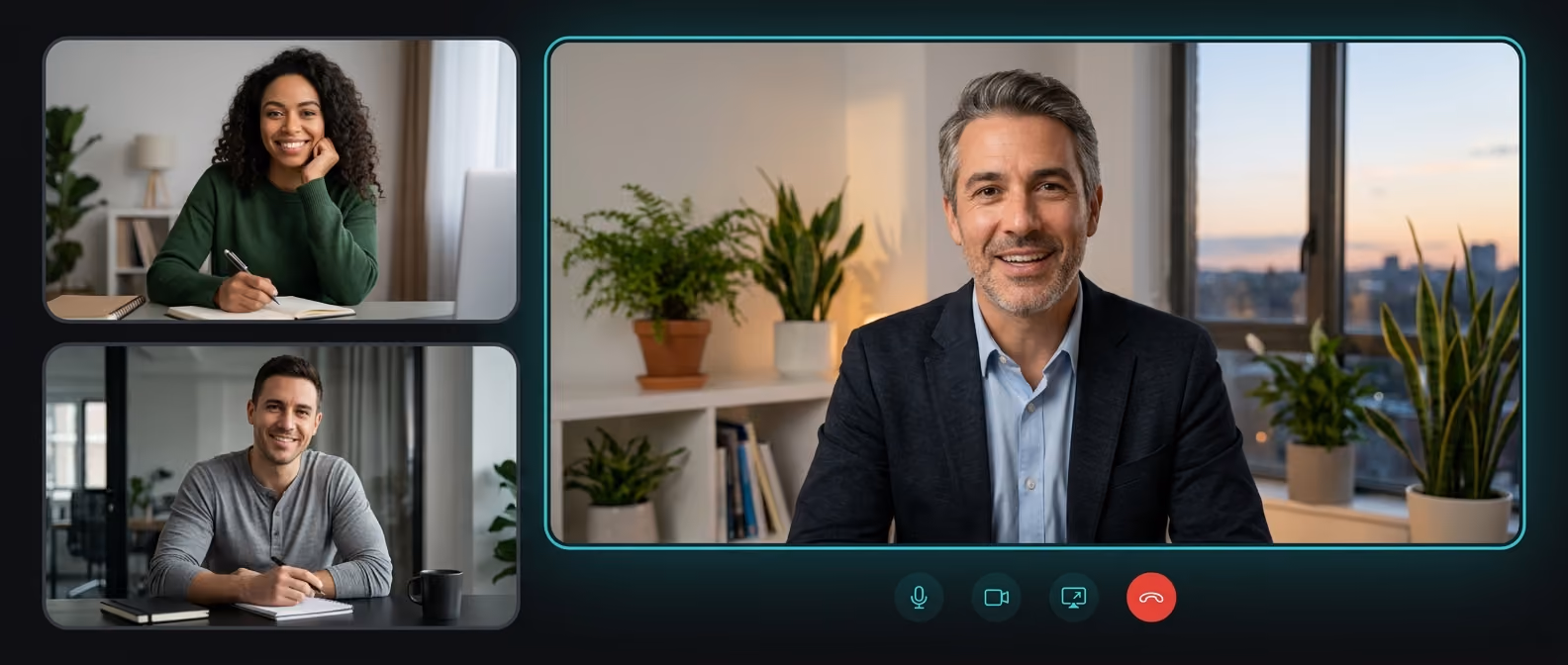 A V1 Venture Builder speaking with two entrepreneurs on a video call