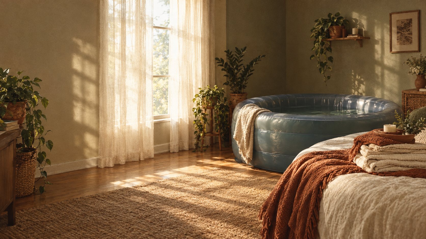 A calm bedroom prepared for a home birth, with a birth pool and soft linens