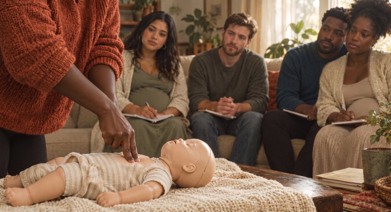 Parents learn newborn care together during an infant care class