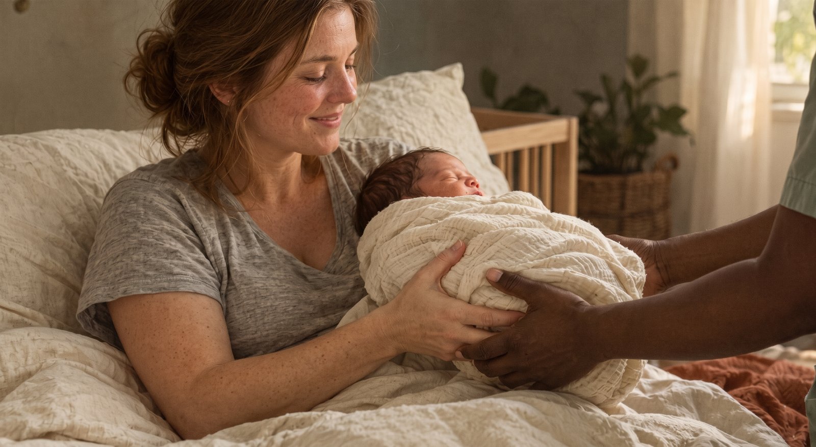 A mother rests in bed with her newborn while a caregiver supports her
