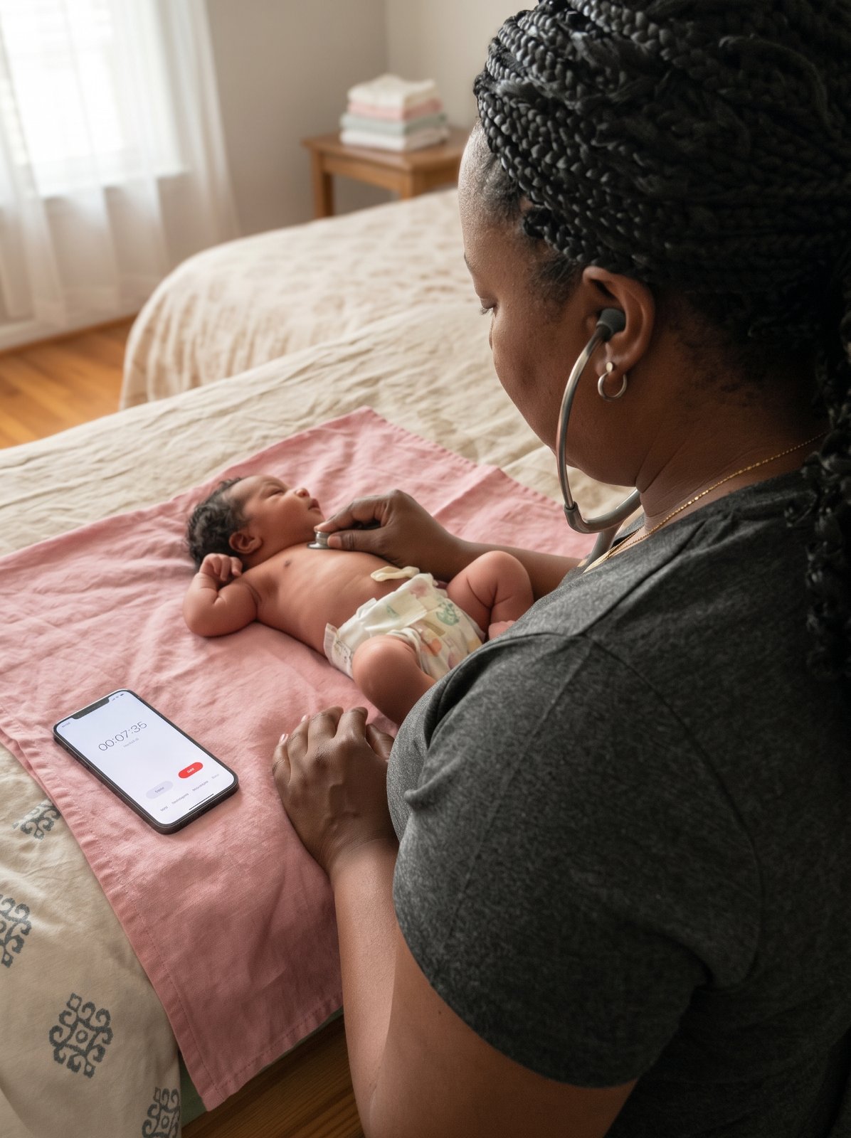 Catrice listens to a newborn with a stethoscope during a home visit