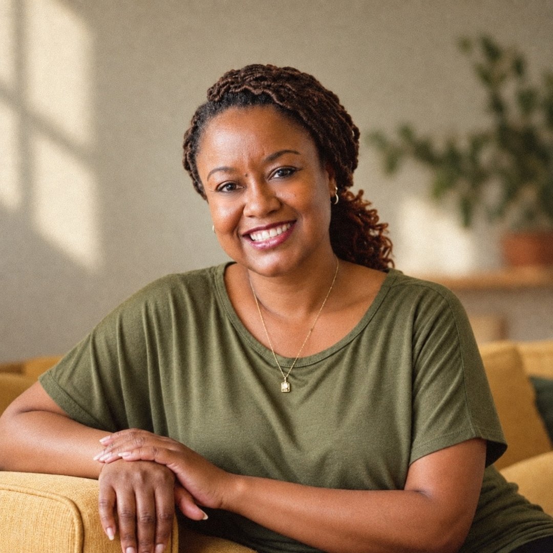 Portrait of midwife Catrice Harris, LM, CPM, smiling at home
