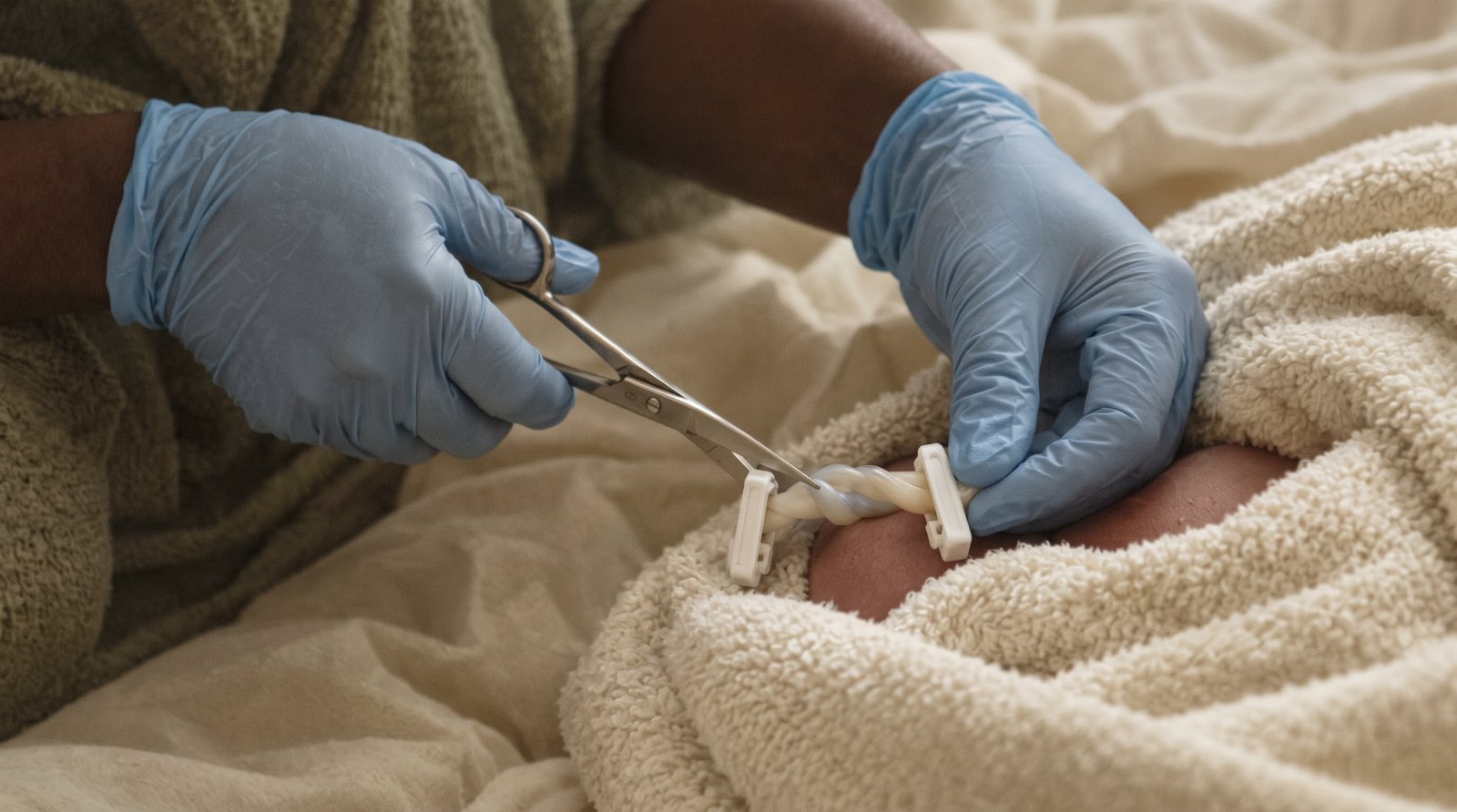 Gloved hands clamp a newborn's umbilical cord after a home birth
