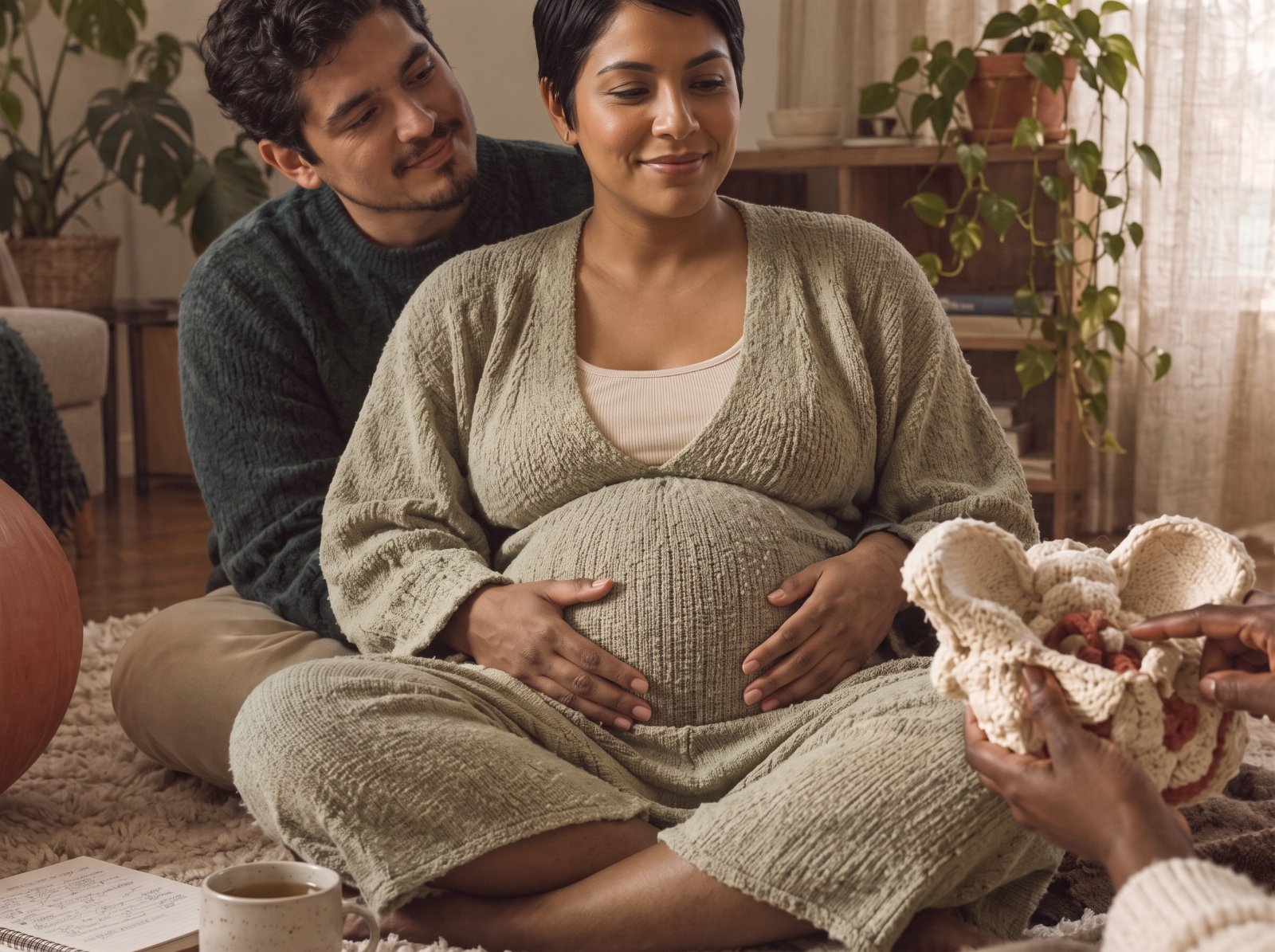 Expectant parents practice together during a childbirth education class
