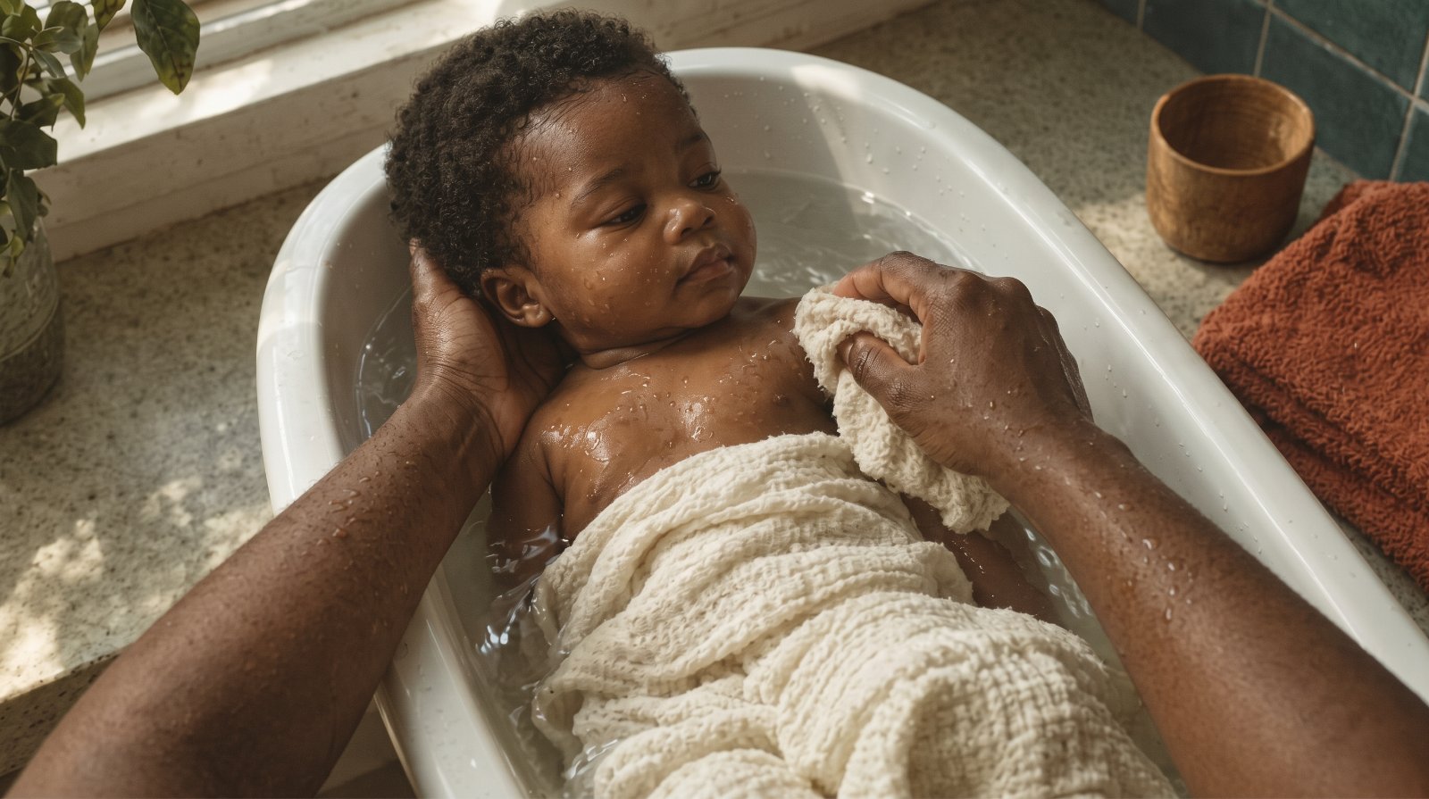 A baby is gently bathed in a small tub during an infant care lesson