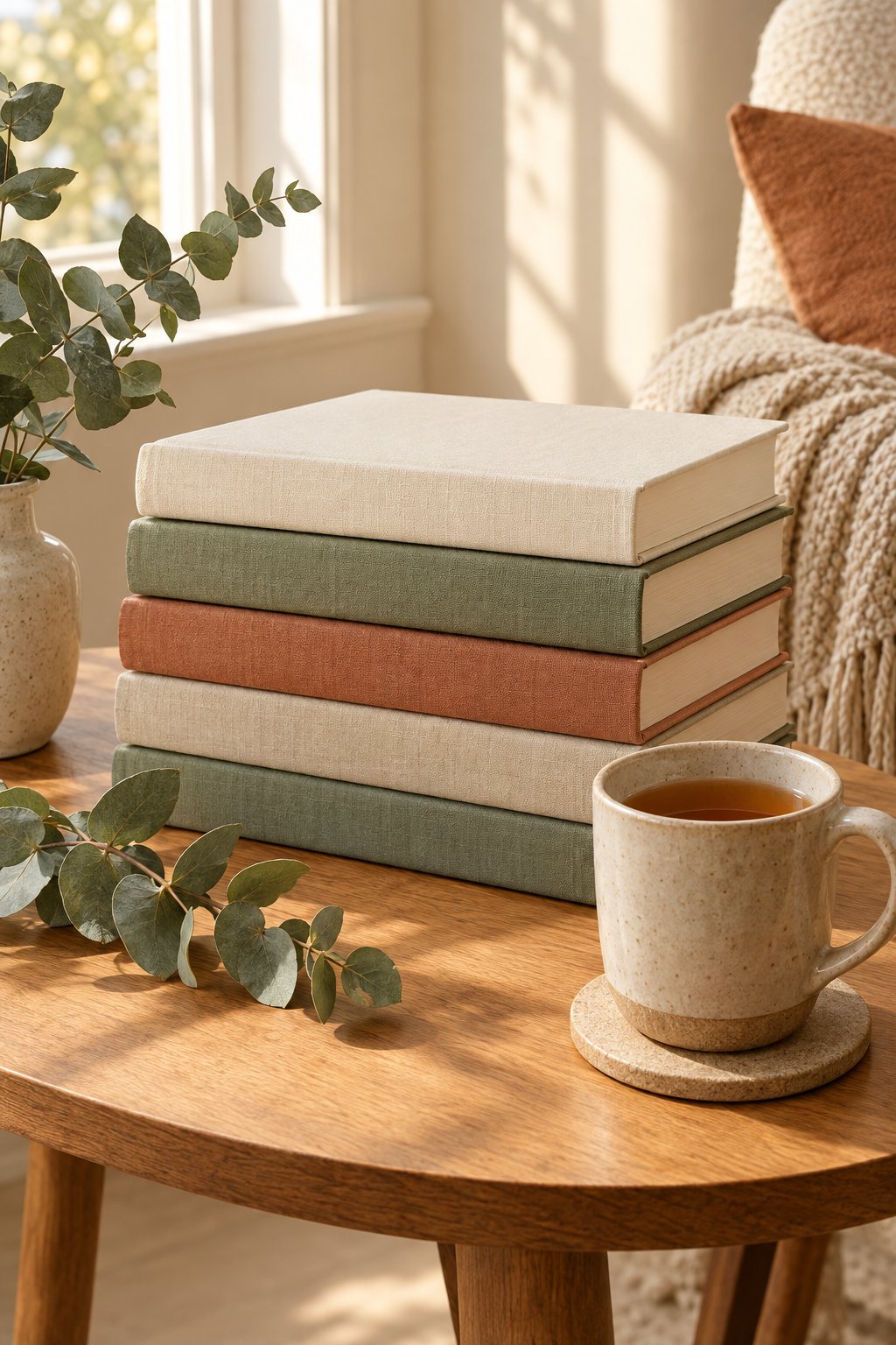 Stack of linen-bound books beside a cup of tea