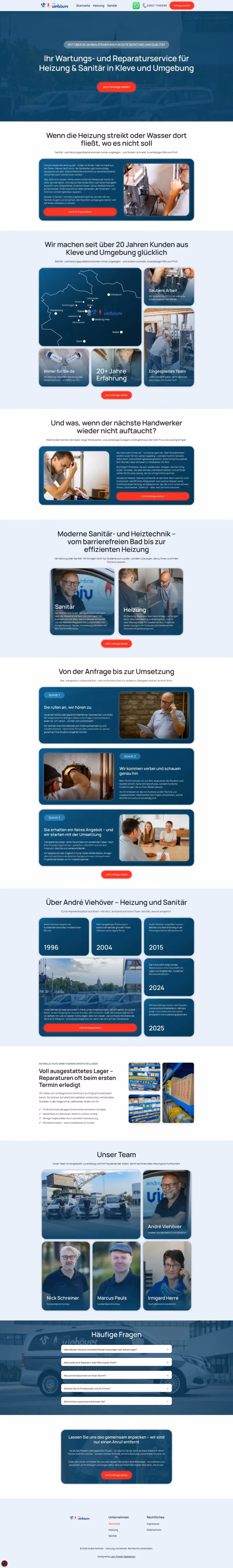 Vollständiger Screenshot der von Lars Thielen gestalteten Webseite für den Heizungs- und Sanitärbetrieb André Viehöver aus Kleve