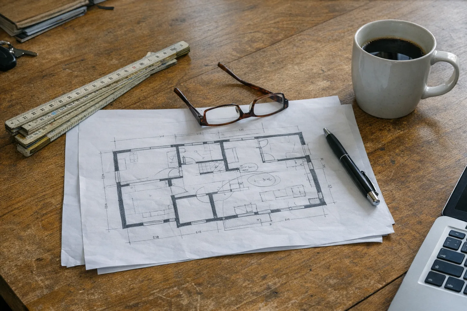 Grundriss, Zollstock, Lesebrille und Kaffeebecher auf einem Esstisch