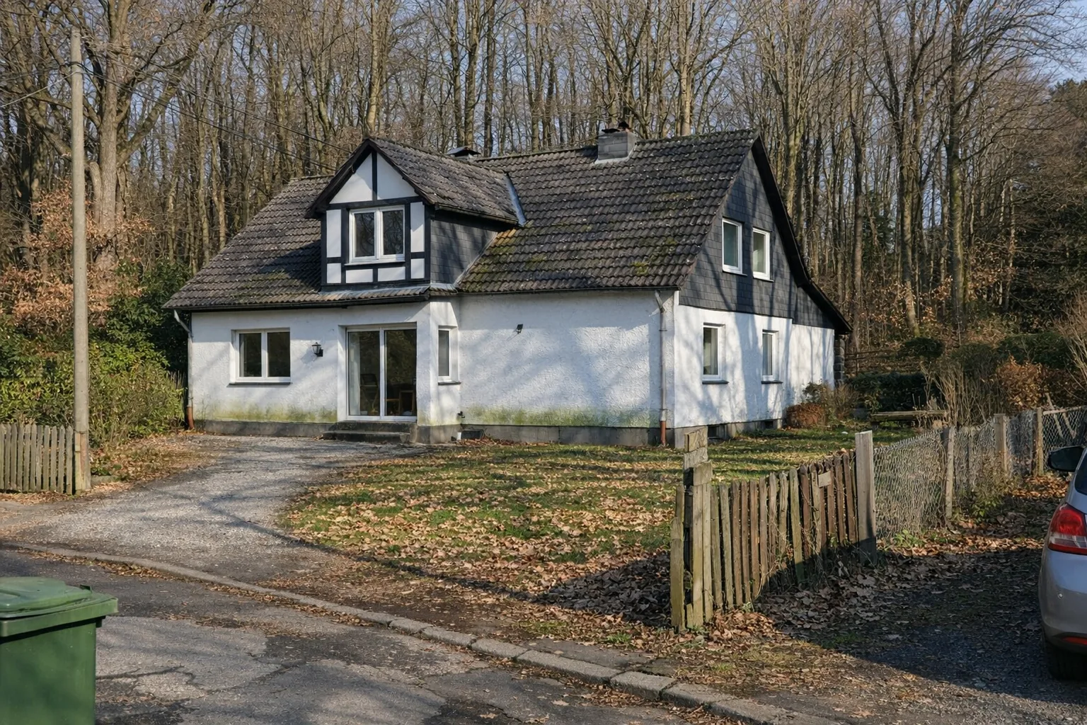 Weißes Einfamilienhaus mit Garten am Waldrand, Laub auf dem Rasen