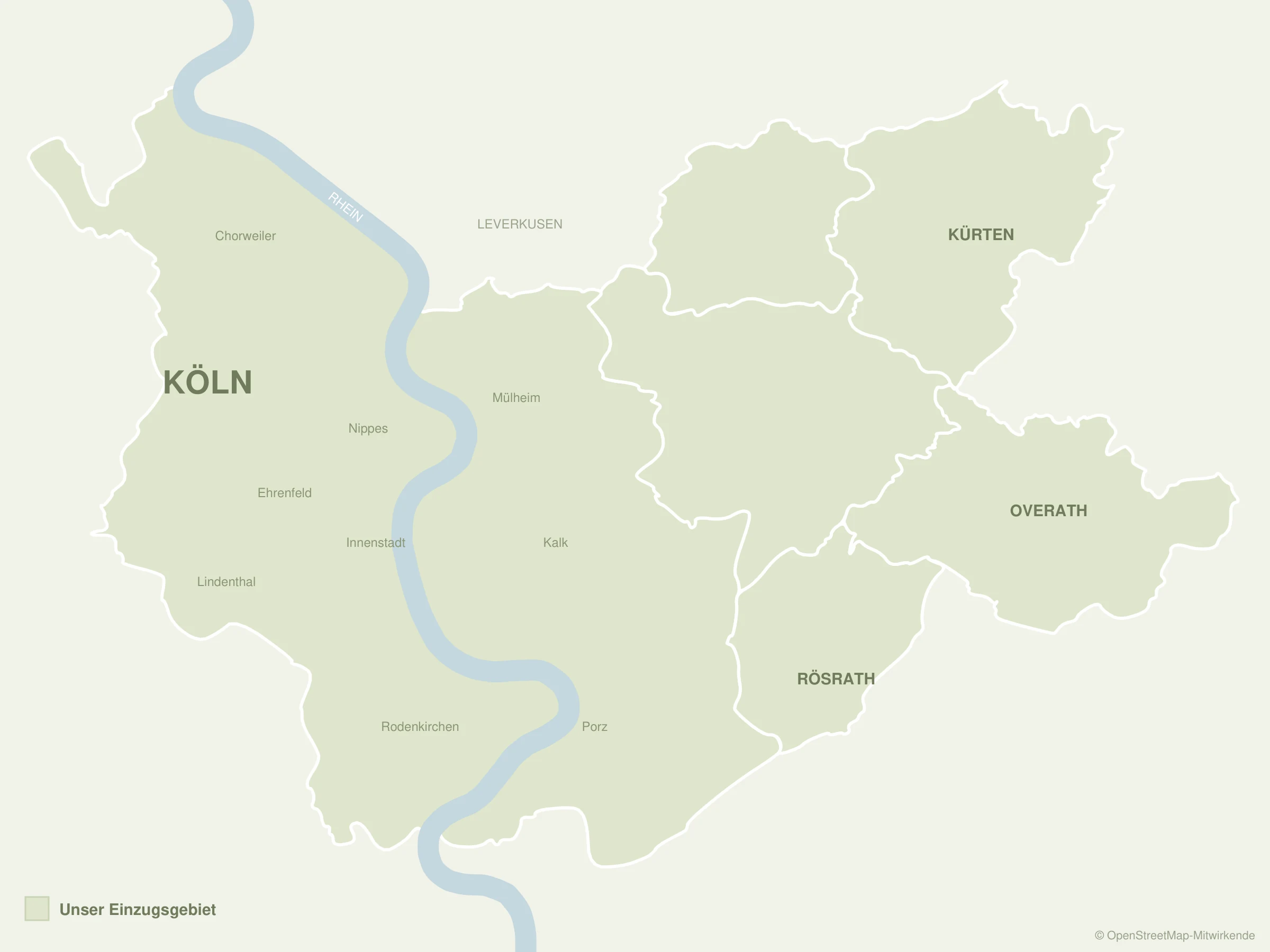 Karte unseres Einzugsgebiets: Bergisch Gladbach mit Schildgen, Refrath, Bensberg und Frankenforst, das gesamte Kölner Stadtgebiet auf beiden Rheinseiten sowie Odenthal, Rösrath, Overath und Kürten