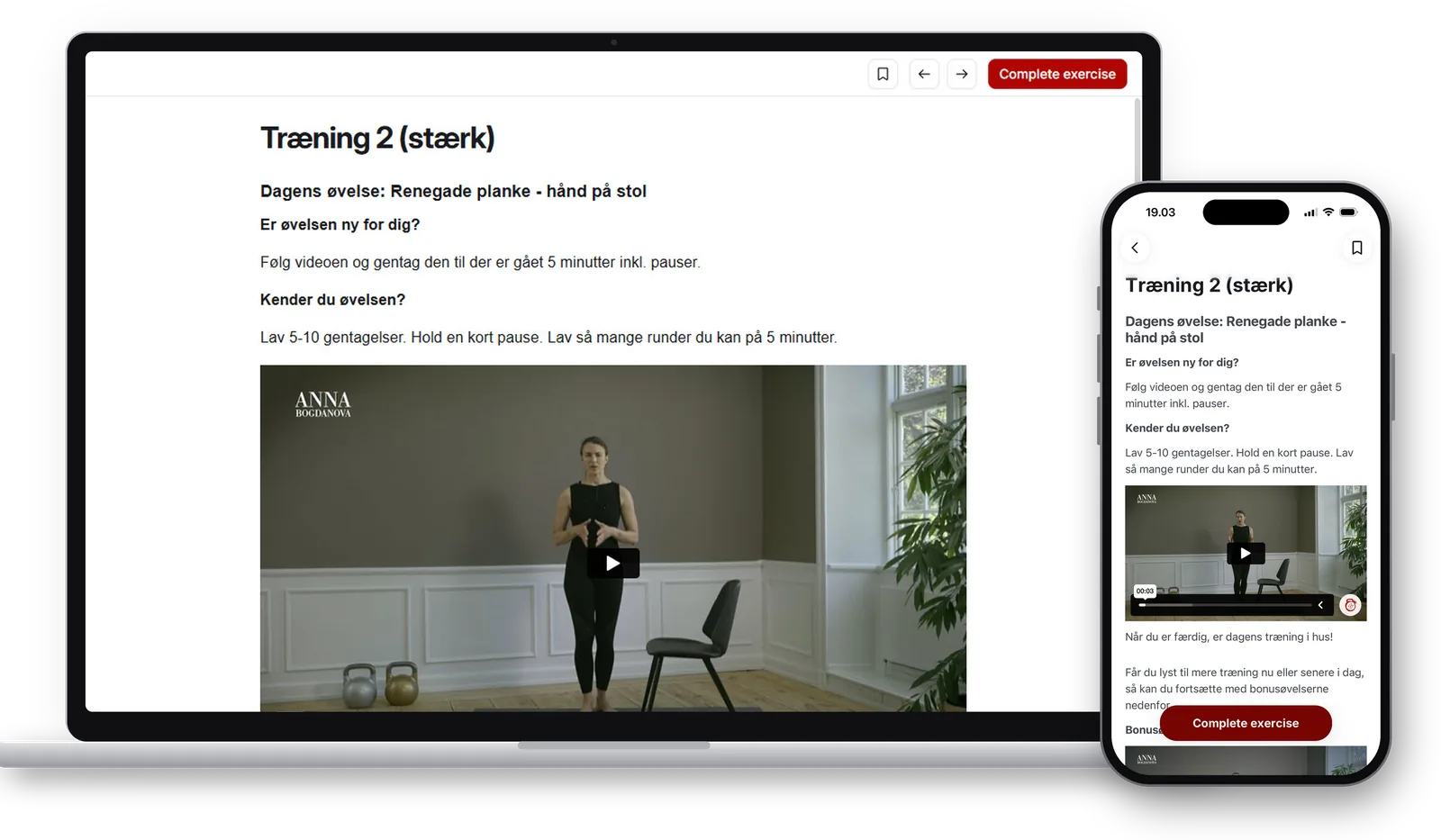 Dagens øvelse i STRONG THINGS på computer og telefon med Anna på video