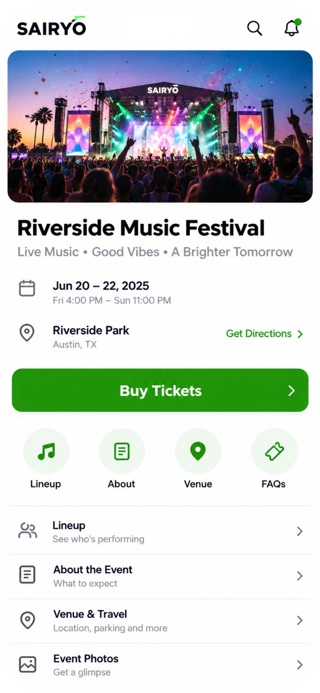 SAIRYŌ event page and ticket purchase experience