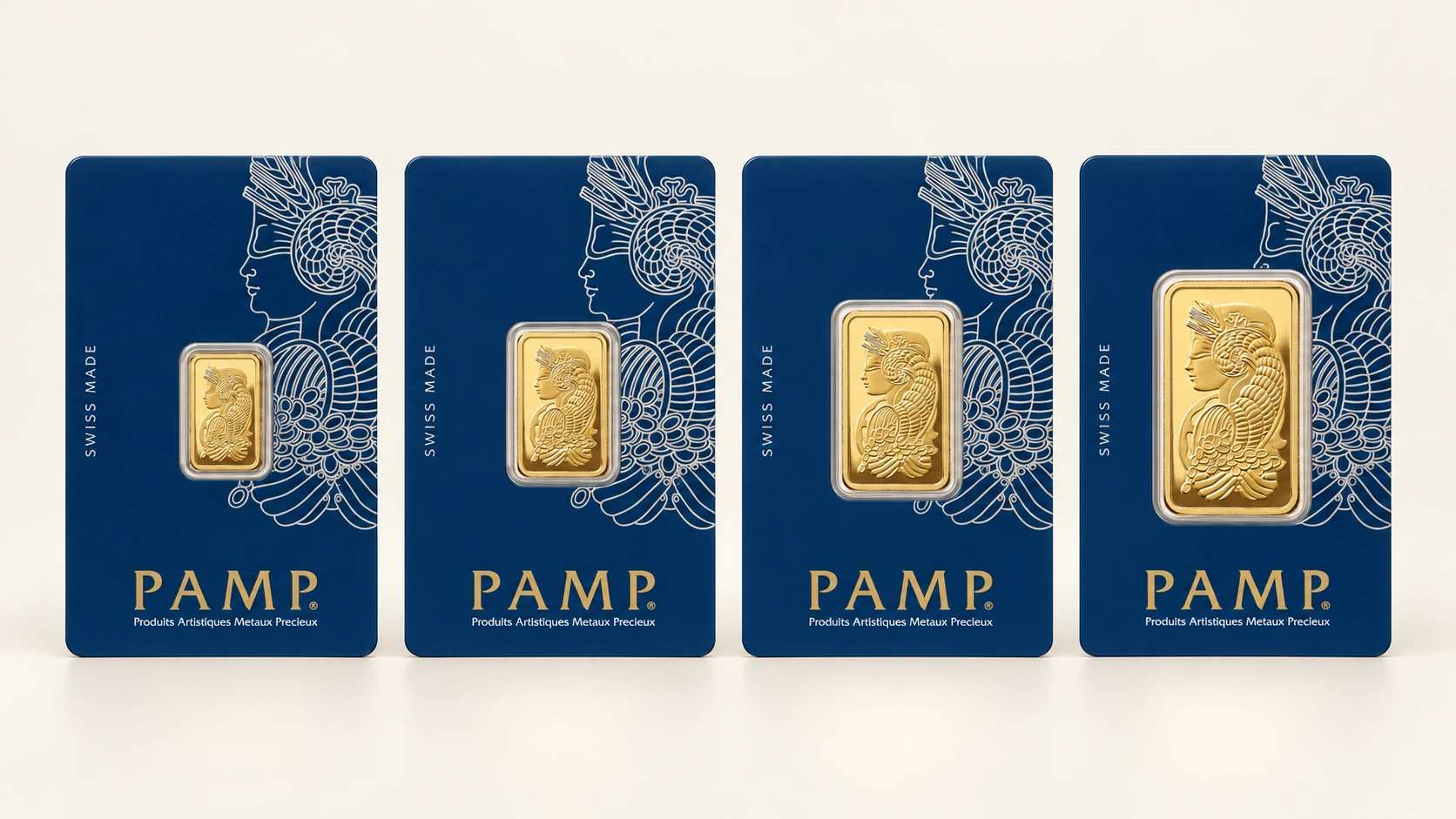 Illustrative PAMP Lady Fortuna gold bars in 1 g, 2.5 g, 5 g and 10 g sizes