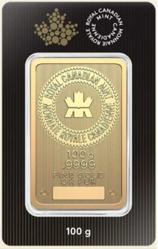 Royal Canadian Mint 100 g gold bar in assay packaging