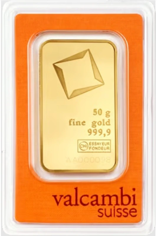 Valcambi Suisse 50 g gold bar in orange assay packaging