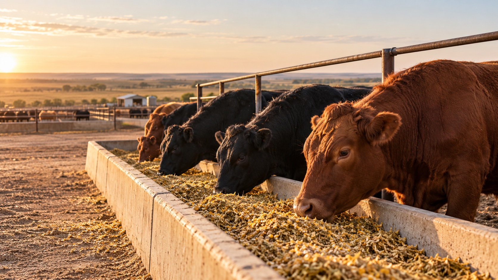 Beef cattle feeding at an American ranch