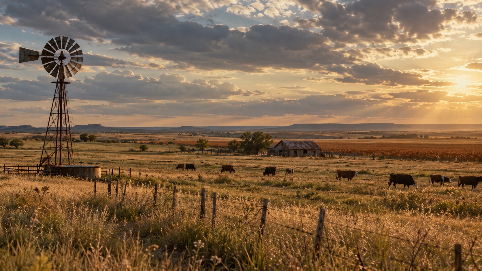American ranchland, a windmill, and grazing cattle in the evening light