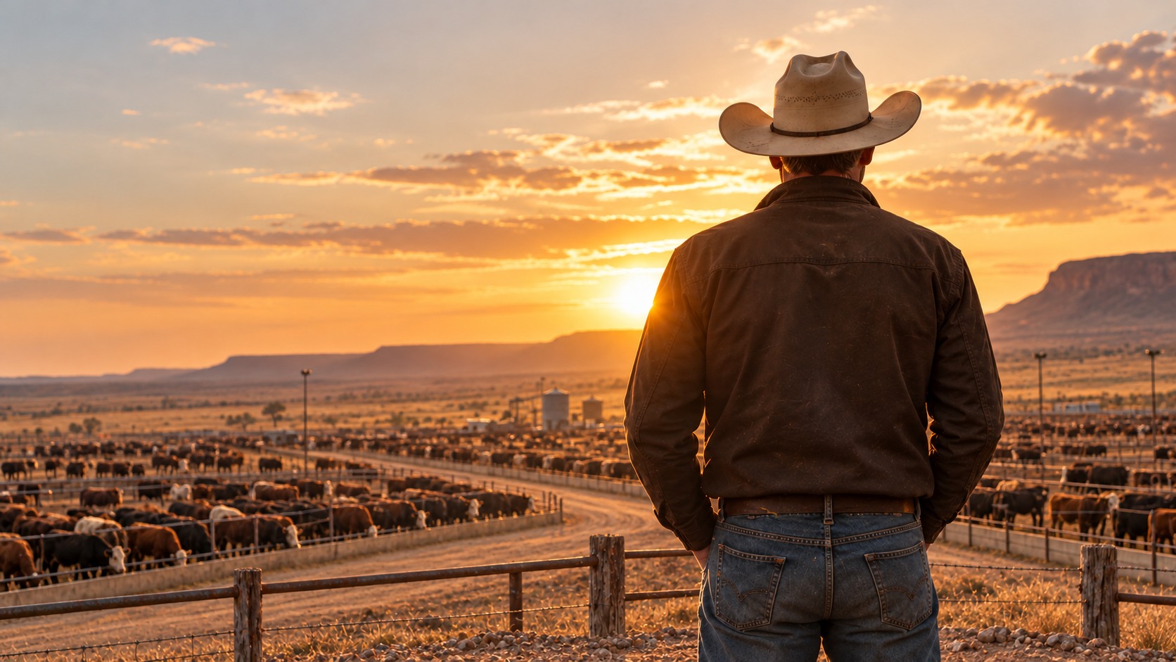 A rancher seen from behind overlooking hundreds of cattle eating at feed bunks at sunset